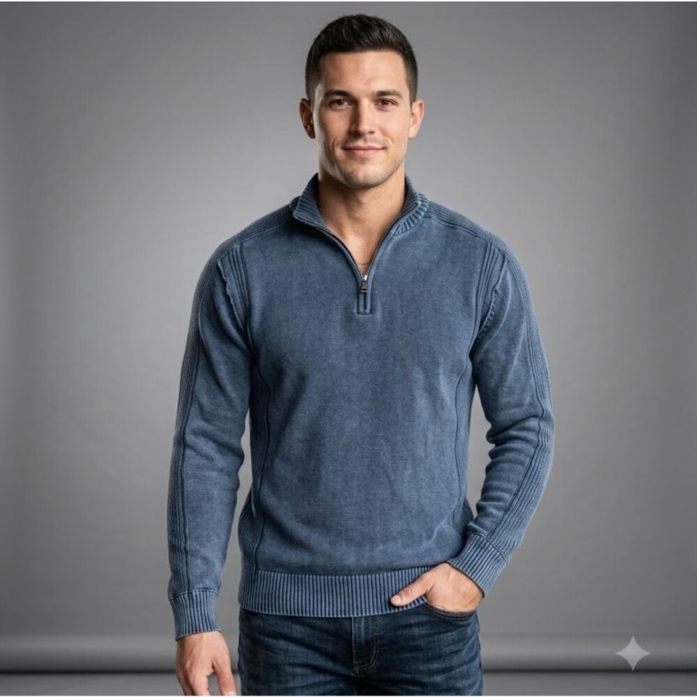 BKE Buckle Cotton 1/4 Zip Sweater Mens Sz XL Washed Vintage Indigo Athletic Fit